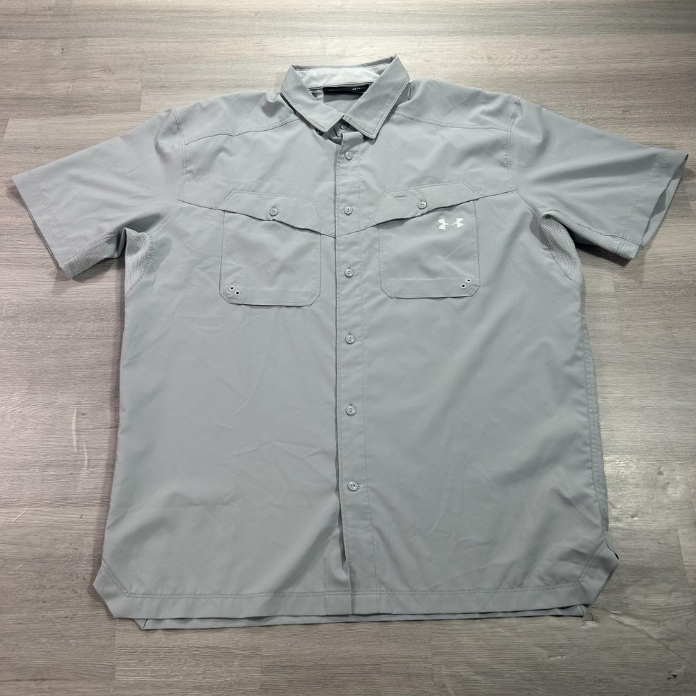 Under Armour Shirt Mens Large Gray Solid Short Sleeve Button Up HeatGear Outdoor
